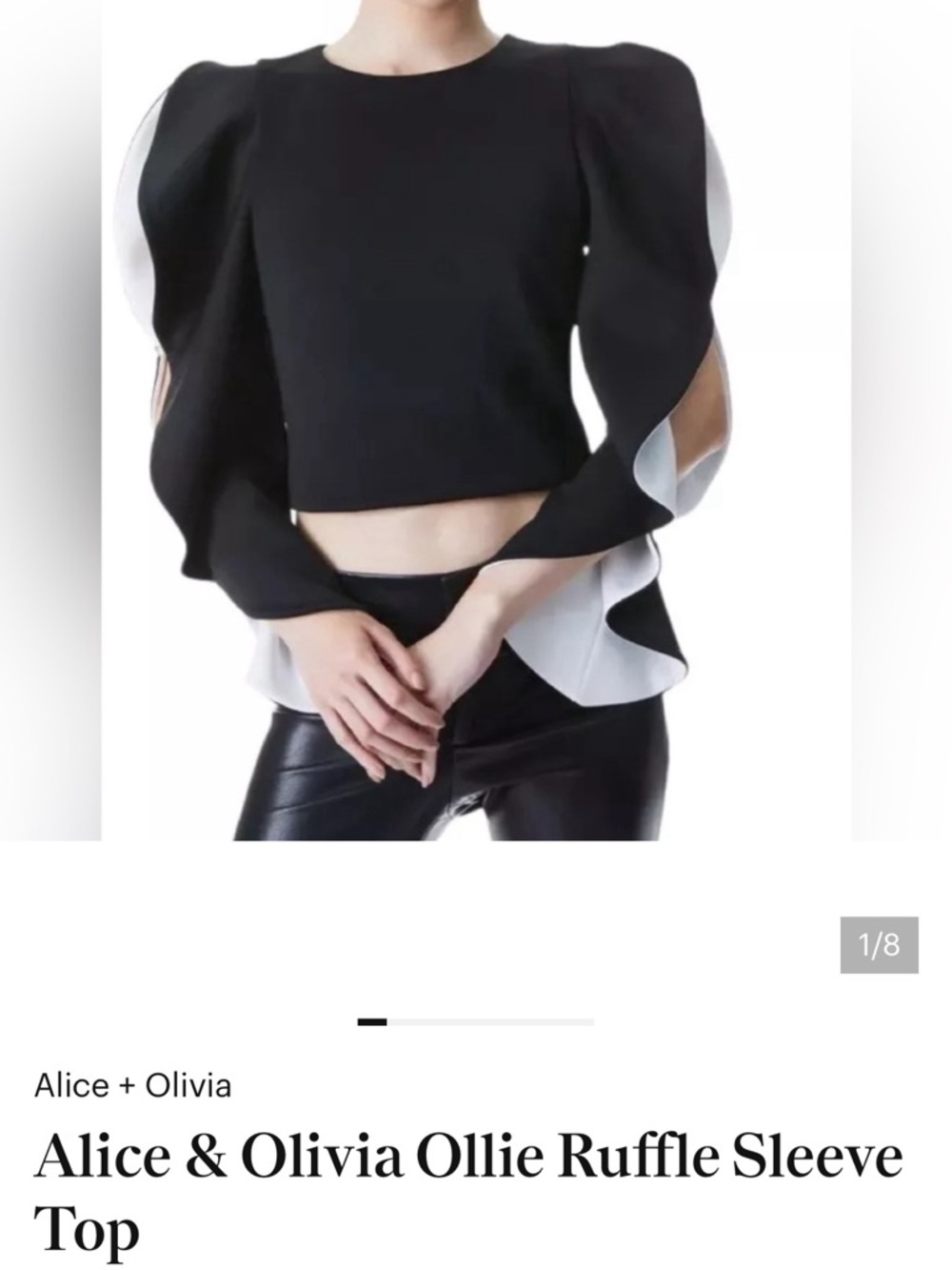 Alice + Olivia Ollie Ruffle Sleeve Crop Top Black with White Statement - Picture 6 of 12